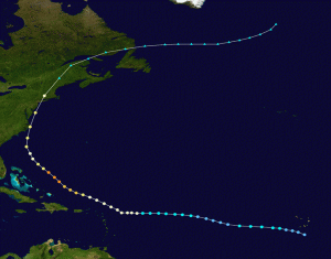 A computer generation of the track that Hurricane Gloria took in 1985. The line curves and passes through the east coast of the United States and Canada
