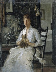 Impressionist painting of a woman, sitting and holding a small dog on her lap