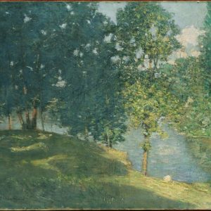 Impressionist painting of shaded trees next to a pond