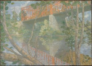 Painting of a red bridge over a river, contains reflections of trees and bridge on water