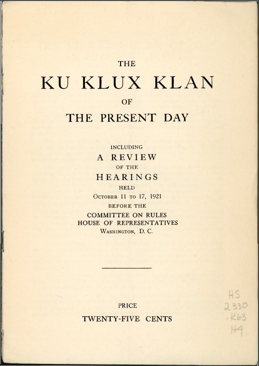 Cover of a book titled "The Ku Klux Klan of the Present Day".