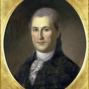 Portrait of a man dressed in 18th century clothing. He is wearing a black suit with a white neckcloth
