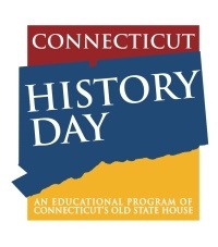 Logo of Connecticut History day. Red and yellow background with a blue outline of the state of Connecticut in the middle