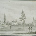 Drawing of a town common with a church on the right side, a building in the center and a couple buildings on the left. There are a few trees and a few people