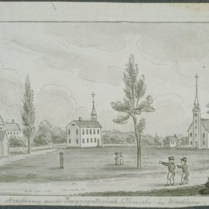 Drawing of a town common with a church on the right side, a building in the center and a couple buildings on the left. There are a few trees and a few people