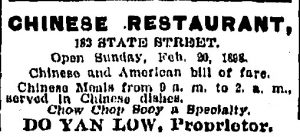 Newspaper clipping advertisement for a Chinese restaurant in 1898