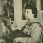 Black and white photograph of a woman painting a man