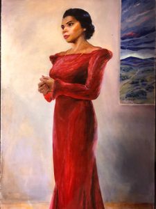 Painting of a woman standing, looking to the side. She is wearing a long red dress with a thin gold necklace