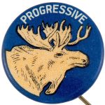 Blue button with a tan colored moose profile with the word "progressive" over the moose