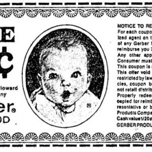 Newspaper coupon with a decorative border and a drawing of a baby in the middle
