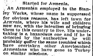 Newspaper clipping titled "started for Armenia"