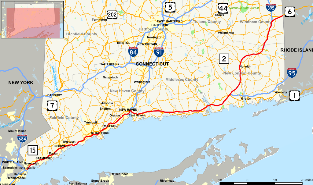 State map of Connecticut with the Connecticut Turnpike highlighted in red