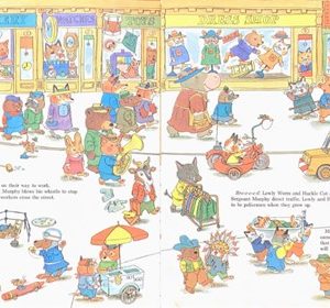 Page from a book with colorful illustrations of animals in a human town situation