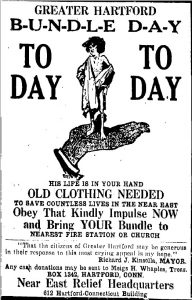 Newspaper advertisement clipping. There is an image of a child in rags standing on a hand. The advertisement is promoting a clothing drive
