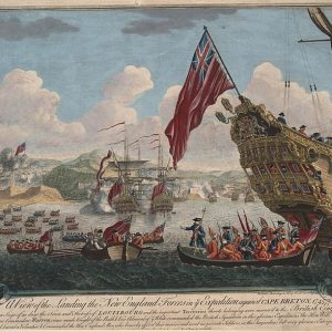 Artwork of a ship close to shore with people in rowboats. There is a large flag protruding from the mast of the ship. There is text at the bottom of the image.