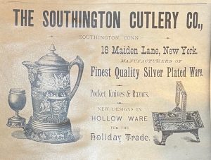 Advertisement titled "The Southington Cutlery Co." with an image of a silver coffee pot and another item with more text.