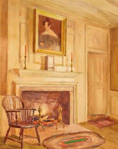 Painting of a fireplace with a portrait above the mantle. There is a chair and rug in front of the fireplace