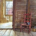 Painting of a red chair in front of a wall and open door.