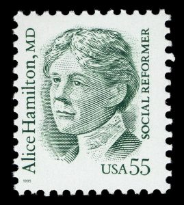 Postage stamp with the profile of a woman titled "Alice Hamilton, MD"