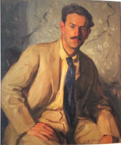 Portrait painting of a seated man in a light colored suit