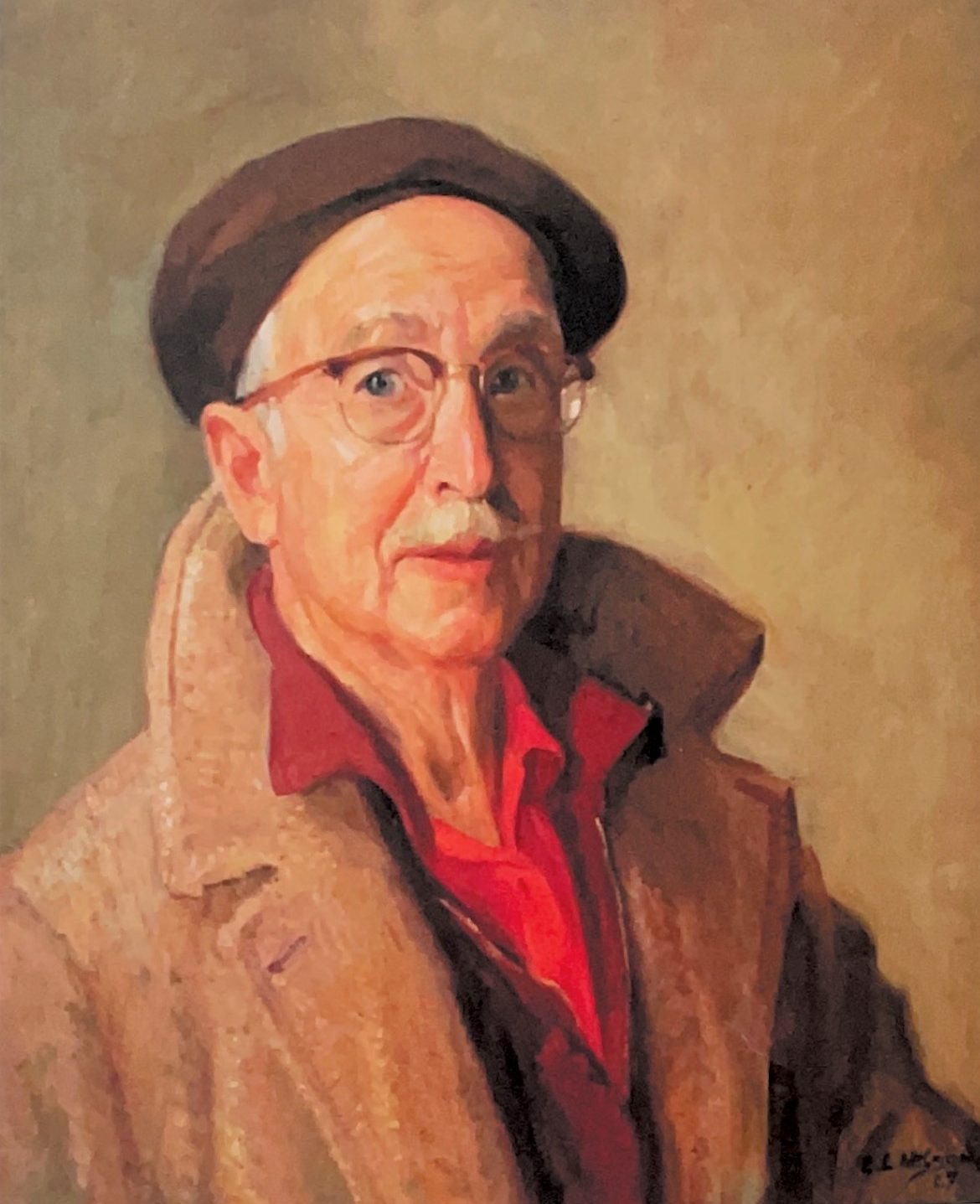 Portrait painting of a man from the chest up wearing a red shirt, light colored coat, a hat, and glasses