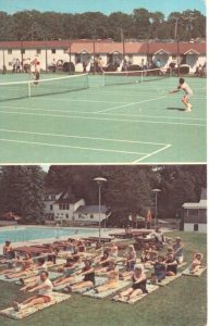 Two photographs stacked vertically. Top photo depicts people on tennis courts. Bottom photo depicts people on mats doing exercises