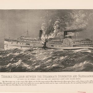 Lithograph depicting two steamboats crashing into each other with people jumping over the sides into the water. There is text at the bottom.