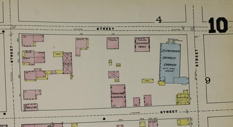 Detail of a fire insurance map with outlined and labeled structures