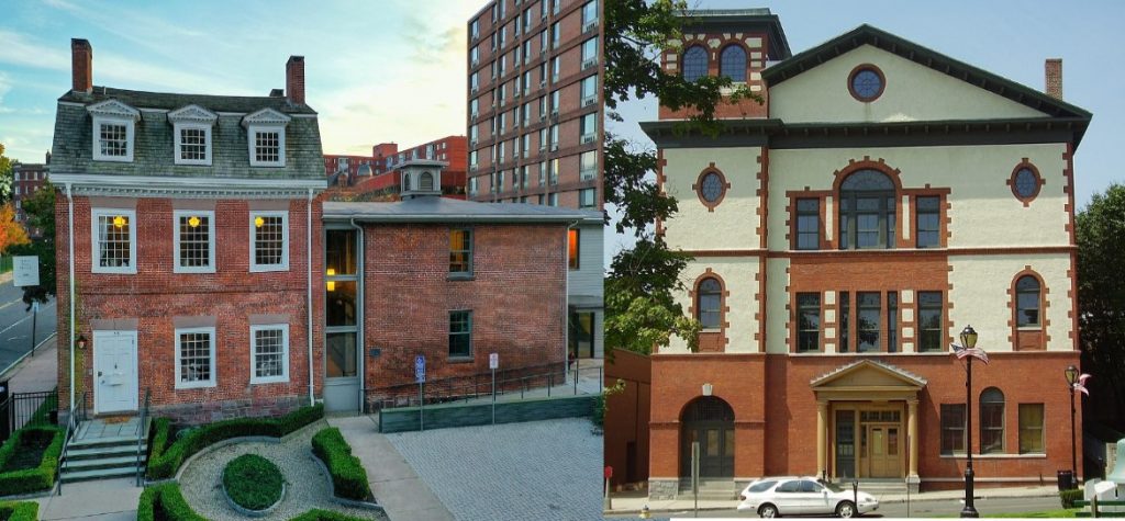 Two photos stitched together. Left photo is a three story house with an extension. Right photo is an Italianate Victorian building.