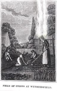 Print of four people tending to an onion crop in a field next to a house