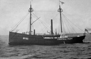 Black and white image of a light vessel ship with two masts and the label "Cornfield Point" on the side