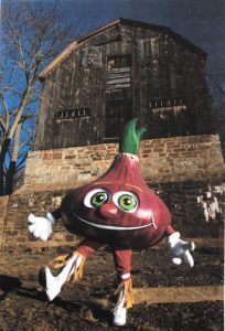 Red onion mascot costume standing in front of a large wooden barn structure