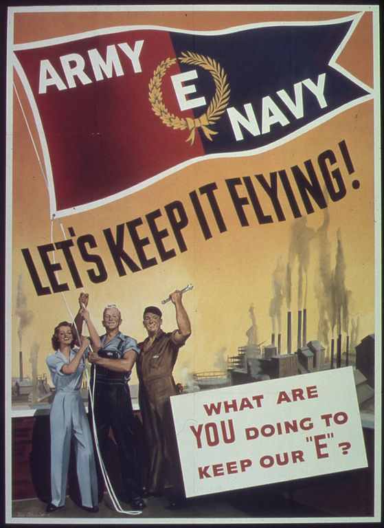 Poster with a blue and red flag and several people underneath cheering