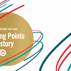 Graphic of multi colored lines spinning around a gold circle that reads "National History Day 2024 Turning Points in History"