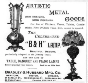 Advertisement with text and two drawings of lamps
