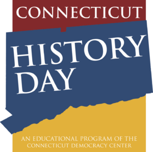 Red, yellow, and blue logo with the outline of the state of Connecticut reading "Connecticut History Day An educational program of the Connecticut Democracy Center"
