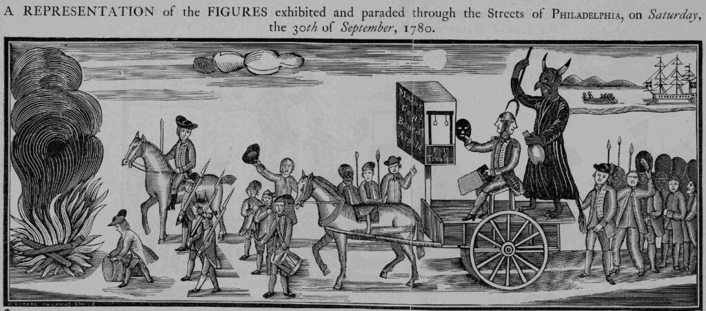 Print of a parade of a two-faced Benedict Arnold through the streets of Philadelphia