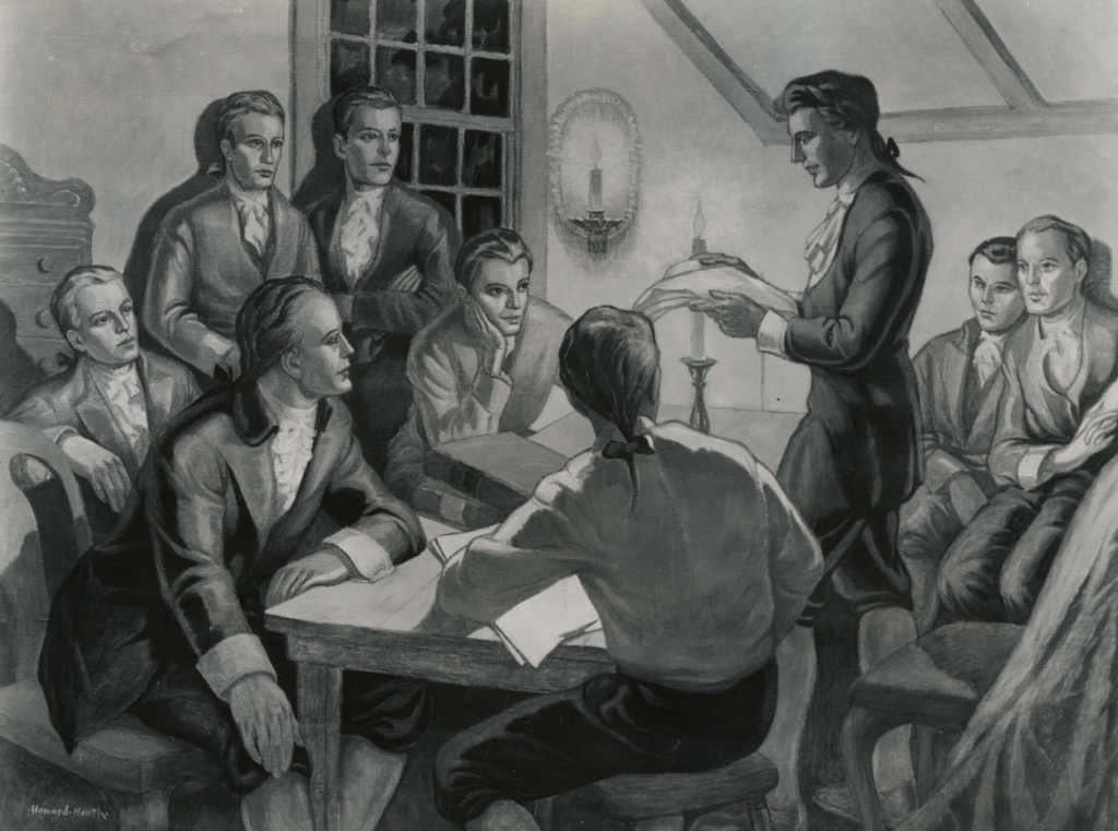 Oil painting of numerous men gathered around a table listening to one man reading
