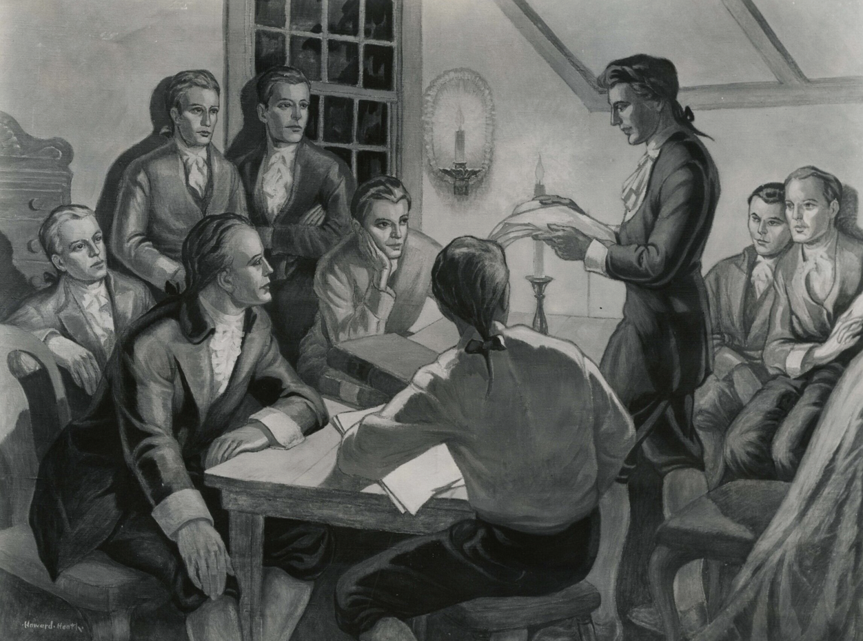 Oil painting of numerous men gathered around a table listening to one man reading