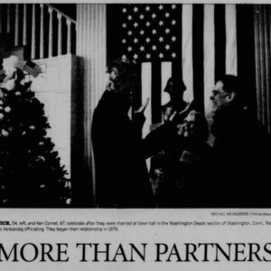 Newspaper clipping with a large photograph of two people getting married with the headline "More than Partners"