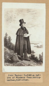 Drawing of a standing man with paper in his hands. He is wearing a top hat and a cloak and there is a picturesque scene behind him.