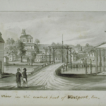 Drawing of two men in the foreground looking at numerous buildings across a bridge.