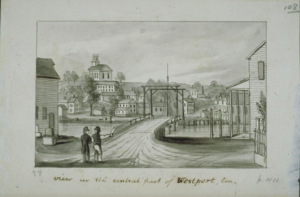 Drawing of two men in the foreground looking at numerous buildings across a bridge.