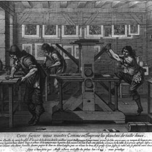 Print showing three men working in a printshop preparing a plate for the press and operating the press, circa 1642