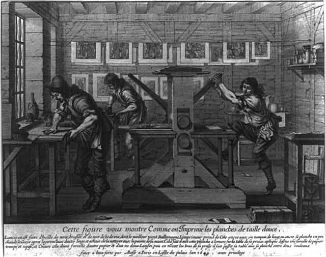 Print showing three men working in a printshop preparing a plate for the press and operating the press, circa 1642