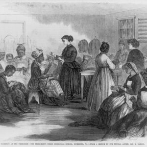 Drawing of a group of women gathered together sewing