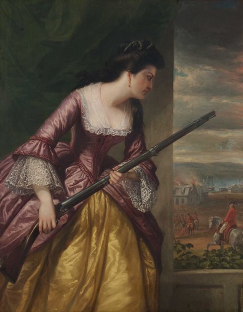 Full body painting of a woman in colonial dress holding a firearm looking outside