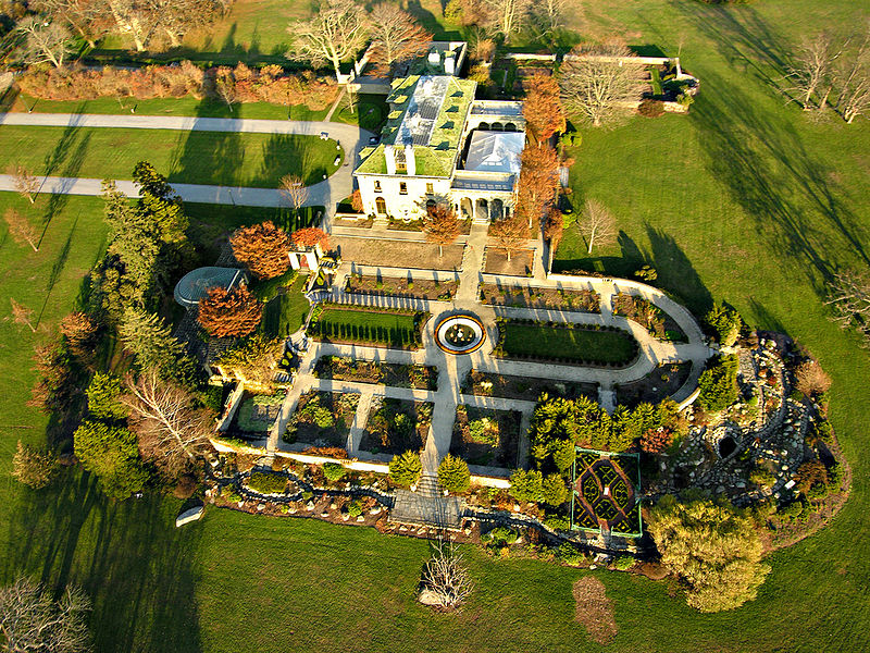 Aerial photograph of a house and gardens