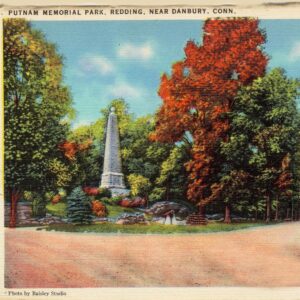 Colorized postcard depicting a statue at Putnam Memorial State Park