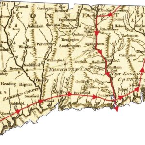 Map of Connecticut with a red arrow delineating a route through the state.